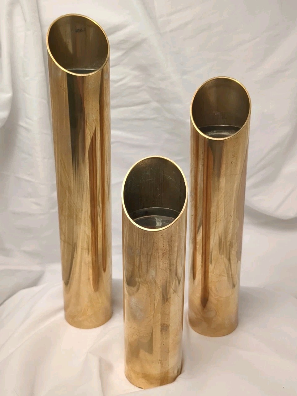 Set of 3 Graduated Brass Cylinder Candle Holders MCM Vintage Scandinavian