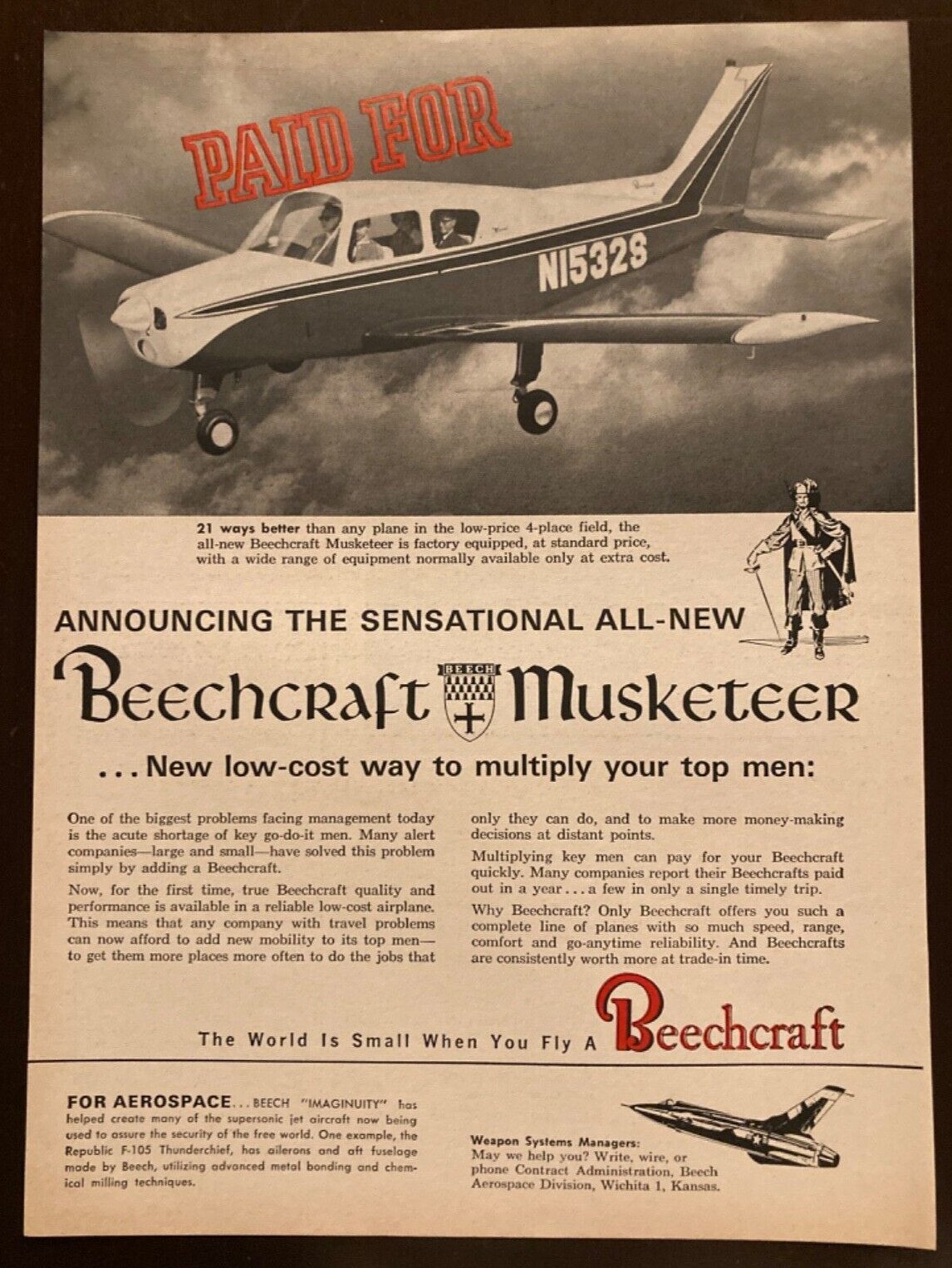 1962 Time Magazine ad - BEECHCRAFT MUSKETEER AIRCRAFT