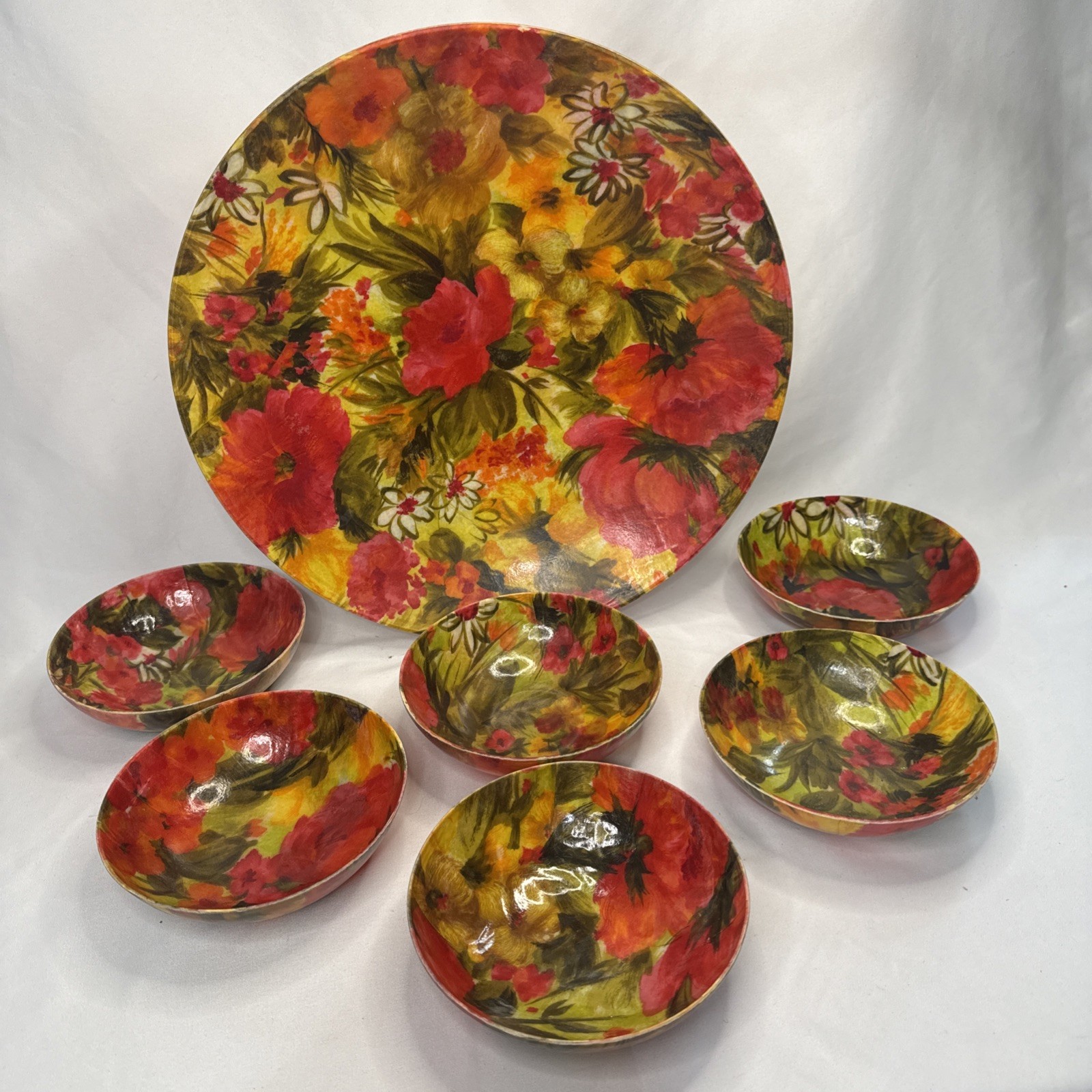 Vintage 7 Piece Mod Floral Fiberglass Serving Snack Bowls Tray MCM Flower Power