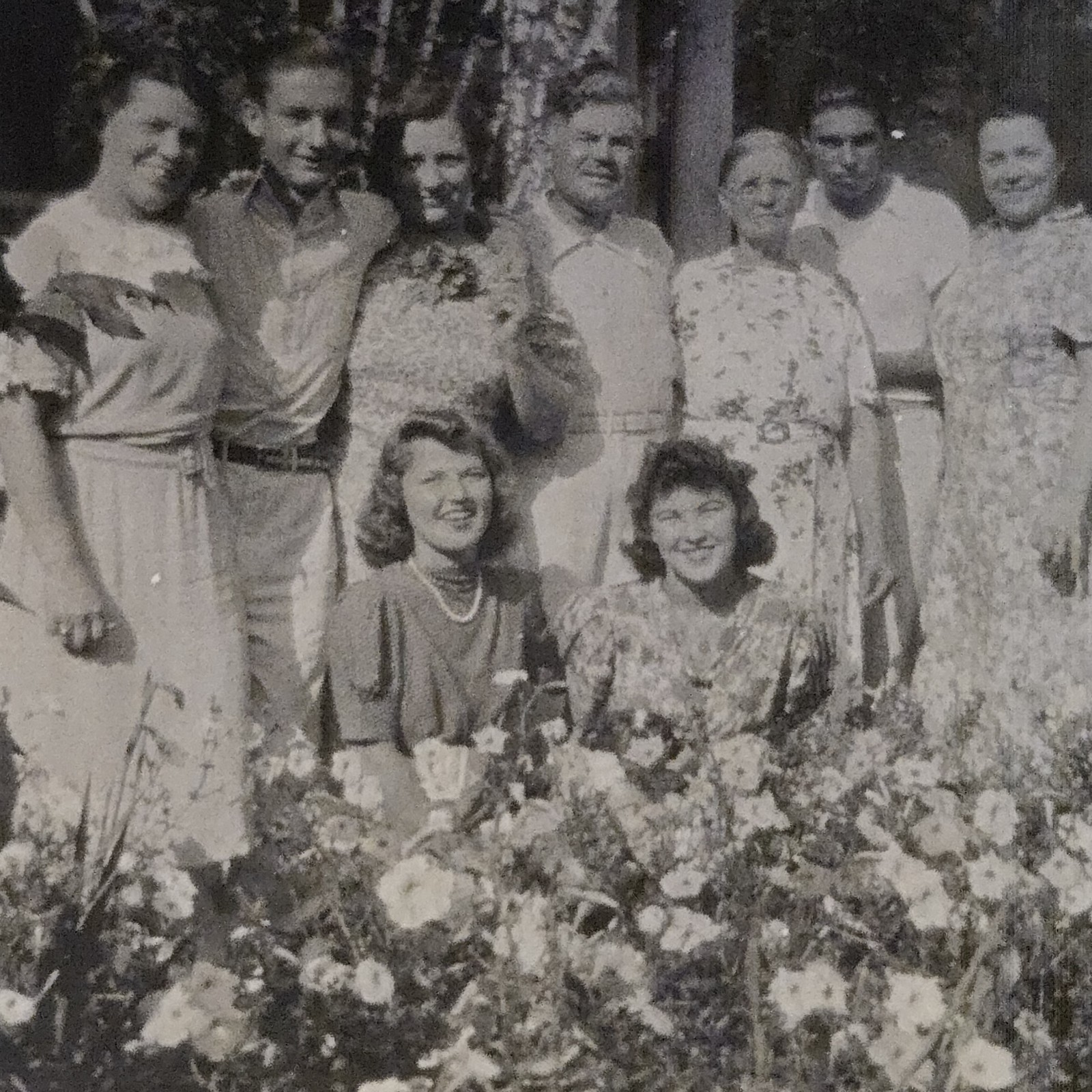 Vintage Photo Snapshot Group of Men & Women Posing in Flower Garden