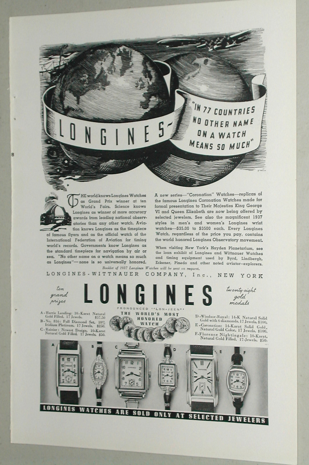 1937 LONGINES WITTNAUER Watch advertisement, wrist watches, print ad