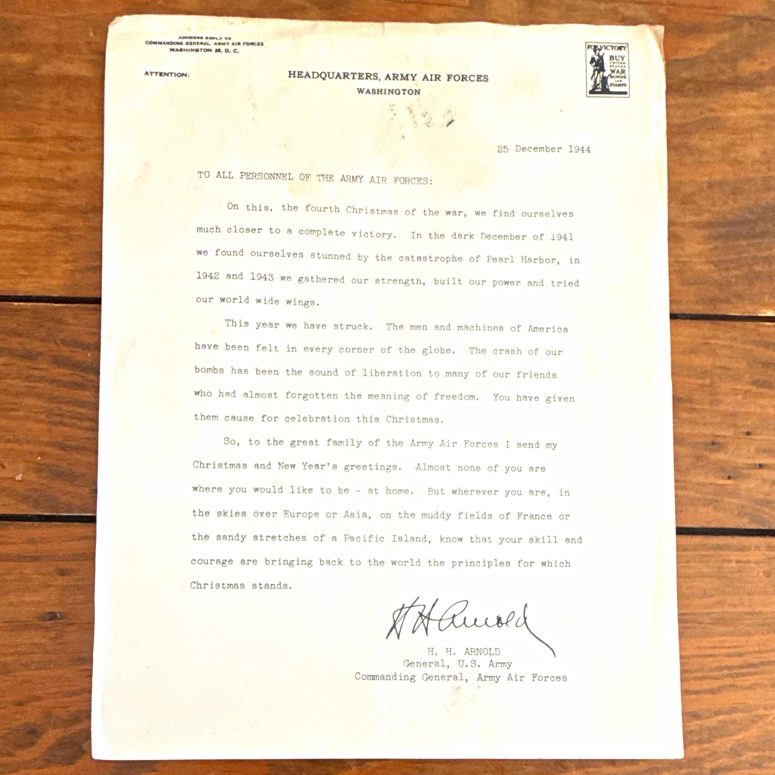 WWII US Army Air Forces HQ Washington Christmas Letter, 25 Dec 1944