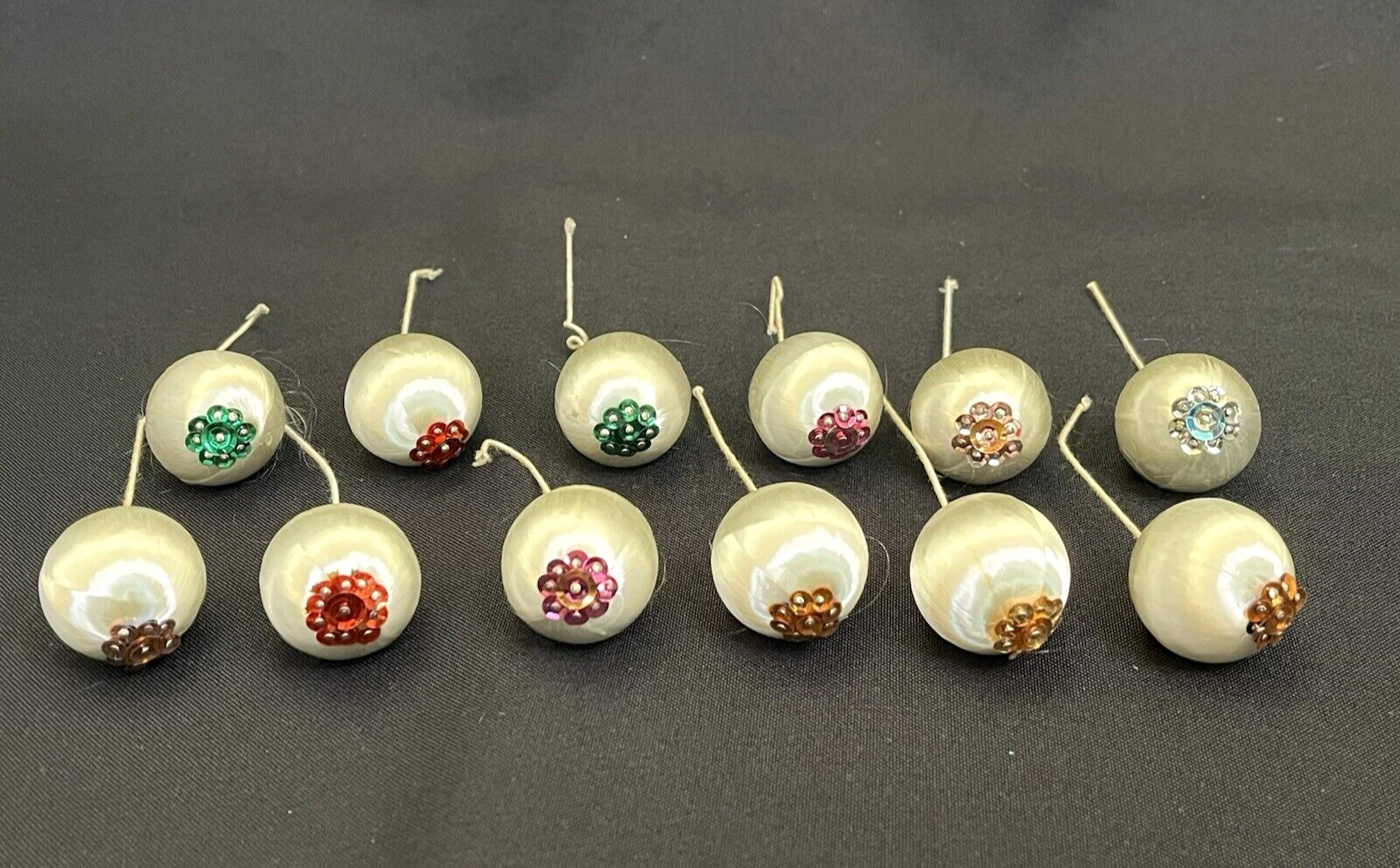 Lot 12 Handcrafted Push Pin Bead Sequin Satin Ball Christmas Ornaments Vintage