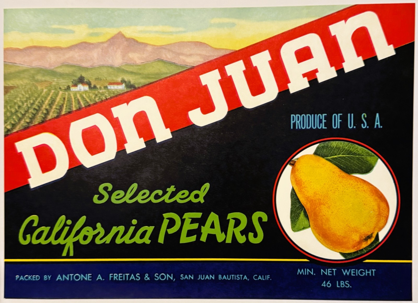 Antique 1940s Don Juan Pears Crate Label 🍐 San Juan Bautista, CA