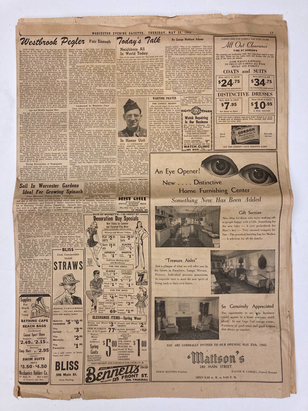 May 24 1945 Worcester Gazette WWII Vintage Newspaper with Comics & Ads