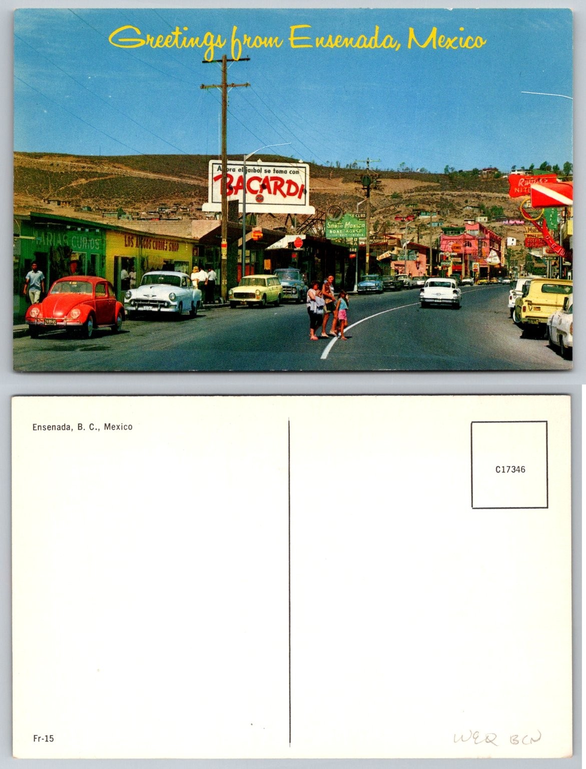 Vintage Ensenada Mexico Street Scene Postcard 1960s Bacardi Sign Chrome