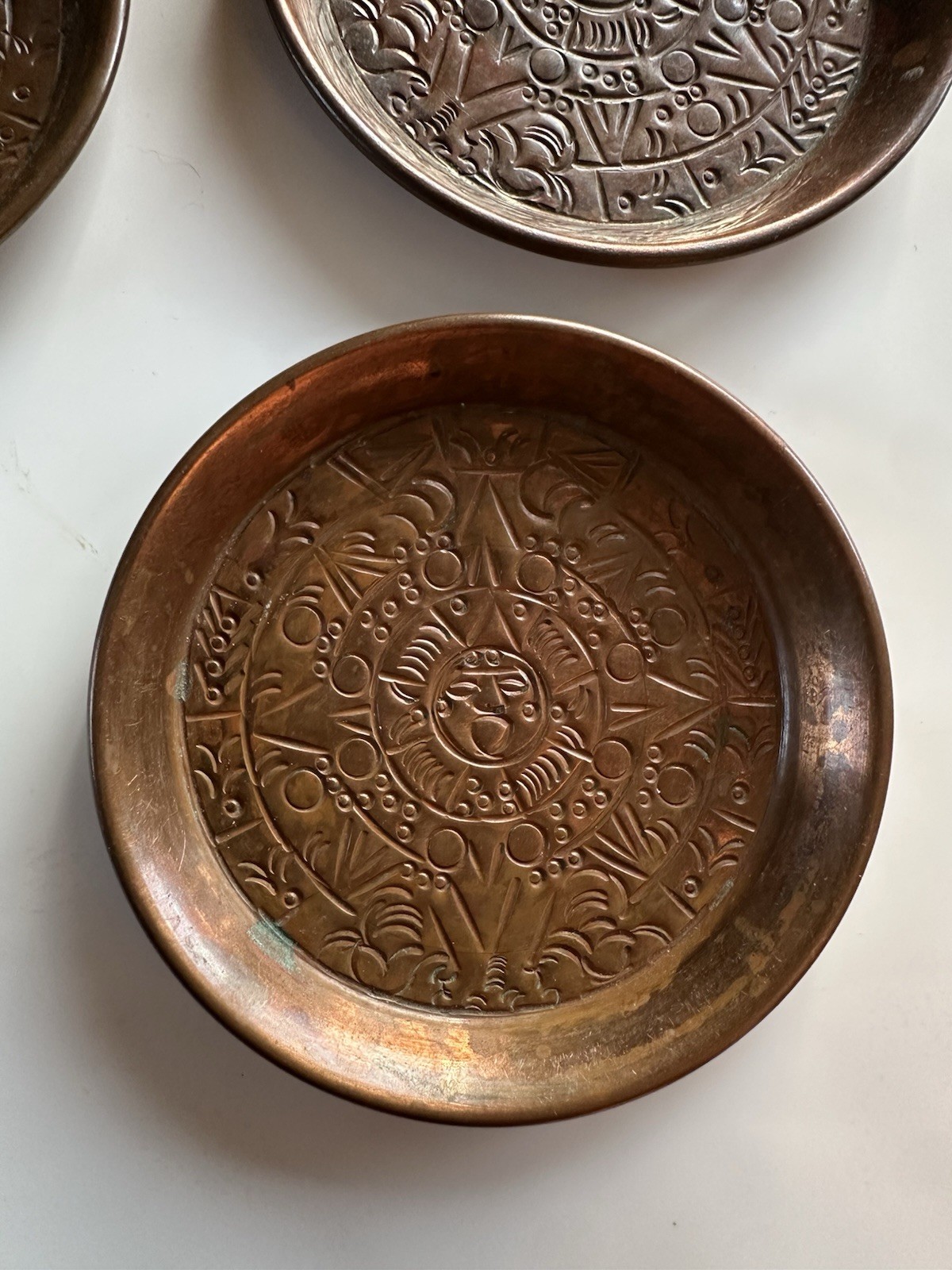 Vintage Aztec Calendar 3” Hand Hammered Copper Coasters Dishes Set Of 3 Wall Art