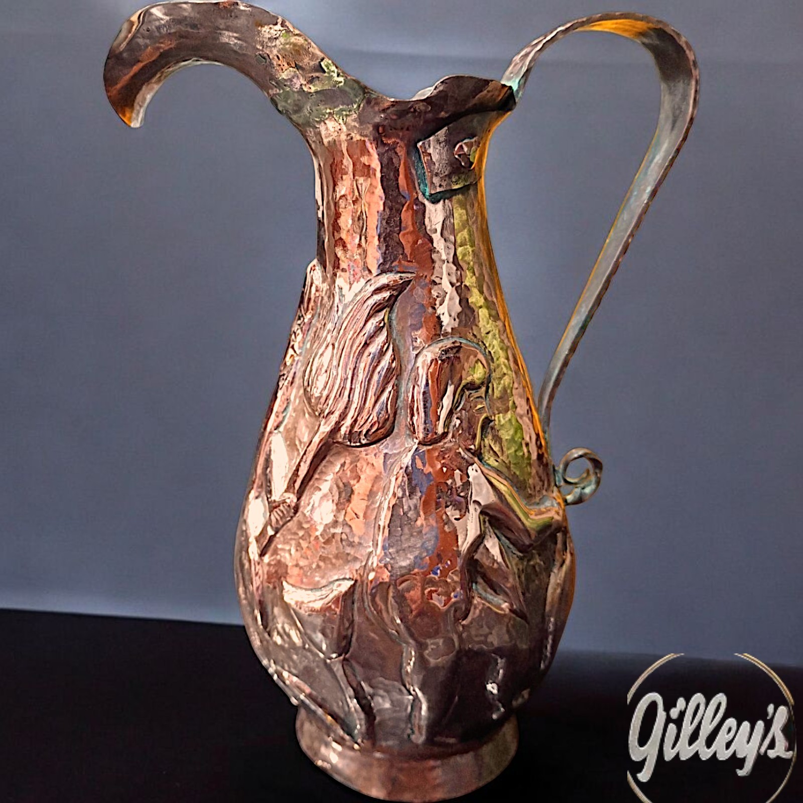 Antique Copper Traditional Repousse Water Pitcher Jug Hand Hammered Forged