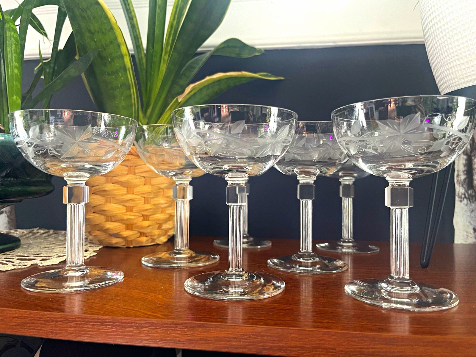 Set of 6 Clear Etched Floral Stemmed Champagne Coupe Glasses 5 oz