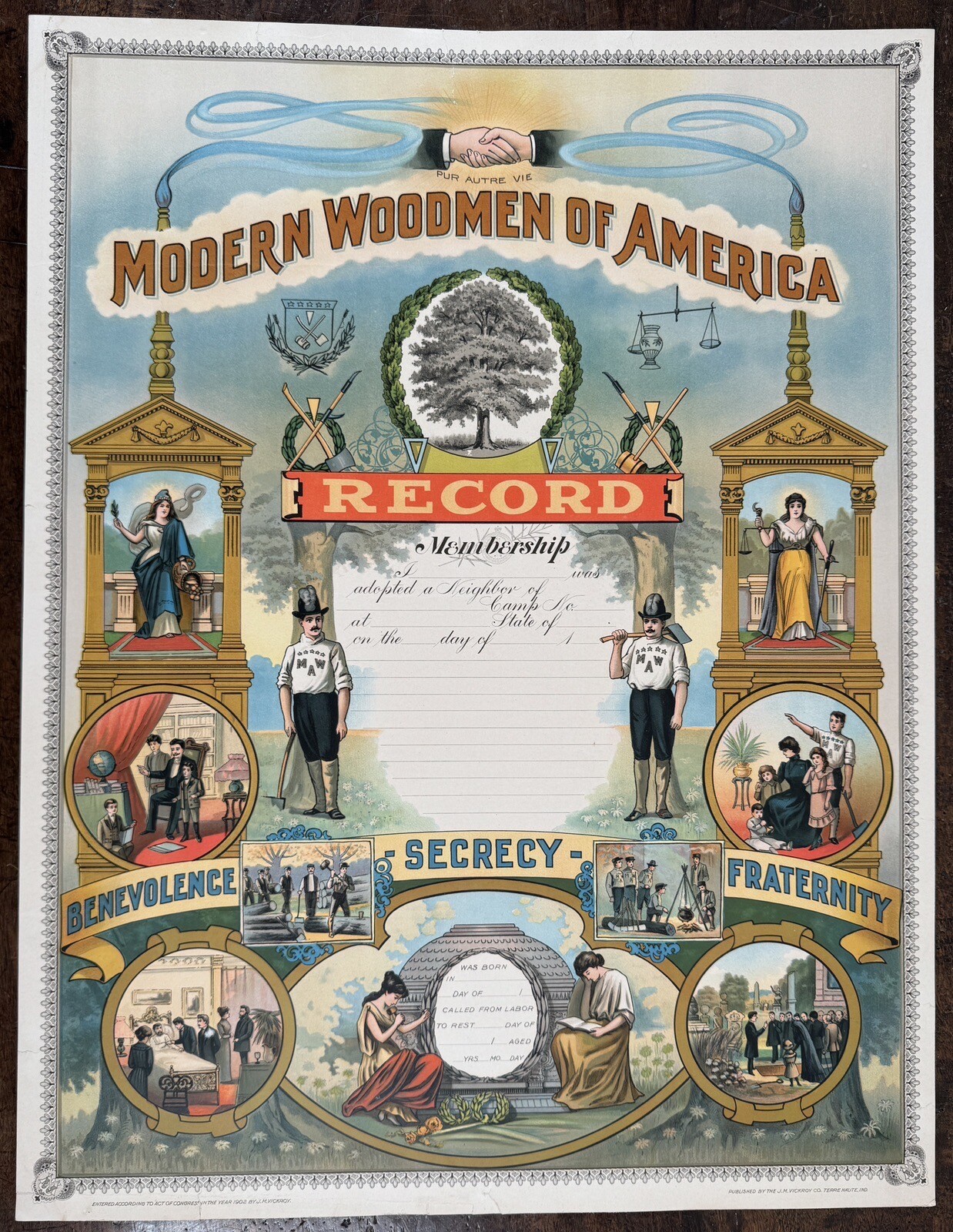 ORIG. Antique Modern Of Woodmen America Forester Fraternal Lithograph Poster MWA