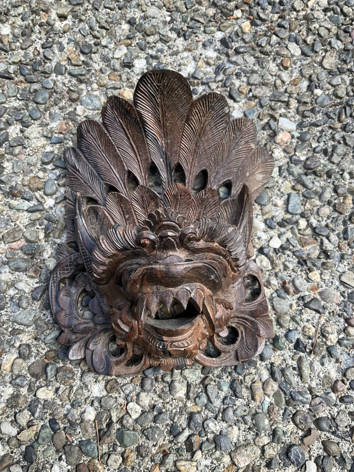Vintage Indonesian Balinese Hand Carved Wood Barong Style Wall Mask Sculpture