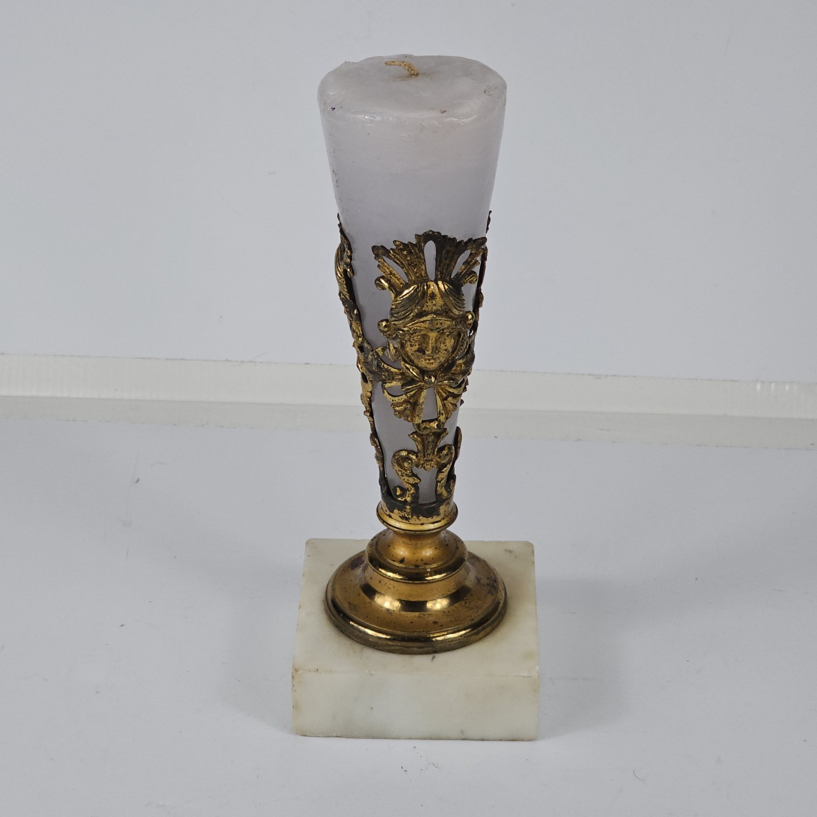 Antique 19th C Gilt Brass Candlestick White Marble Base Neoclassical Figural