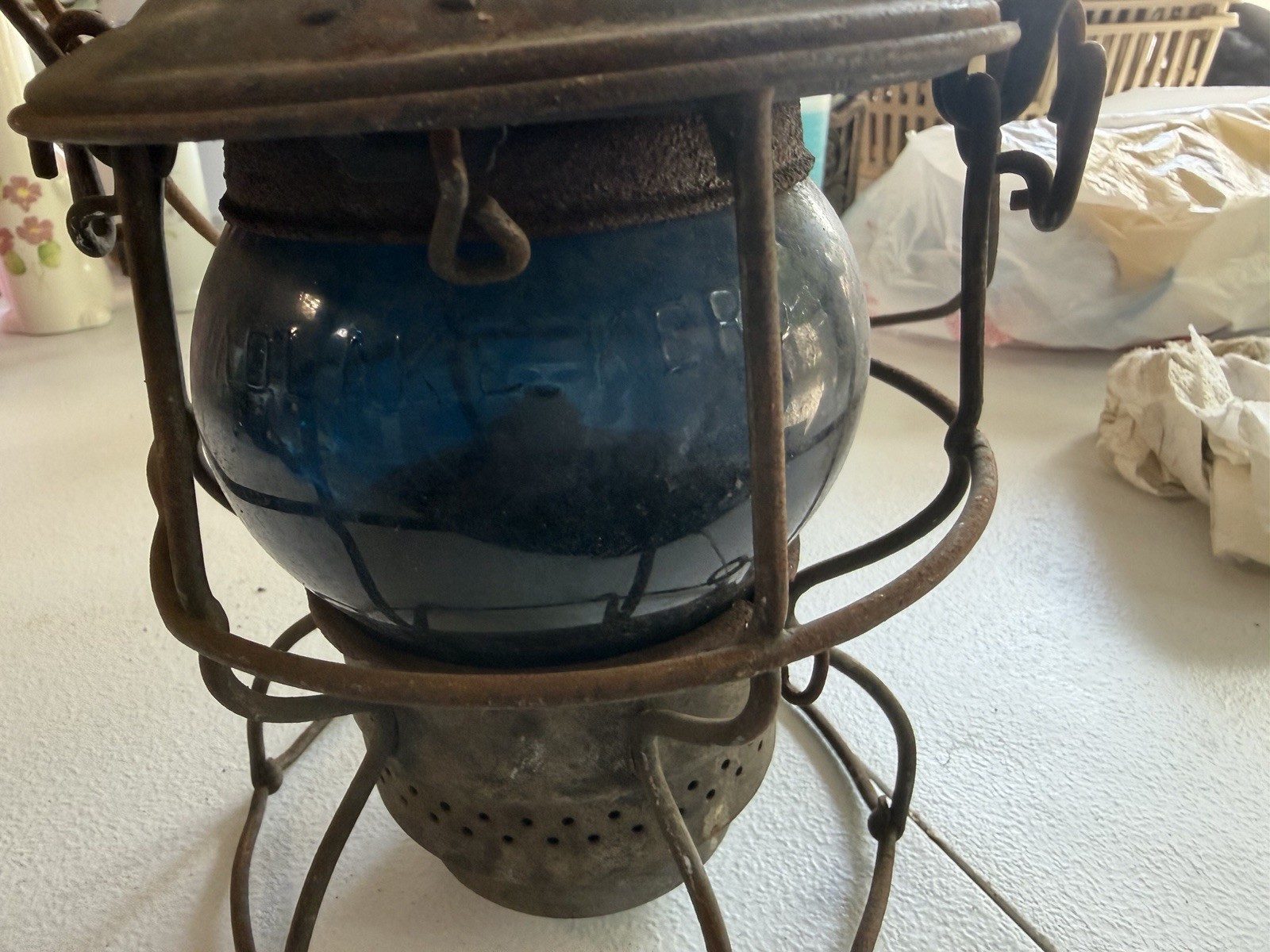 Vintage N&W Ry Railroad Lantern – Norfolk & Western – Blue Glass Globe – Antique
