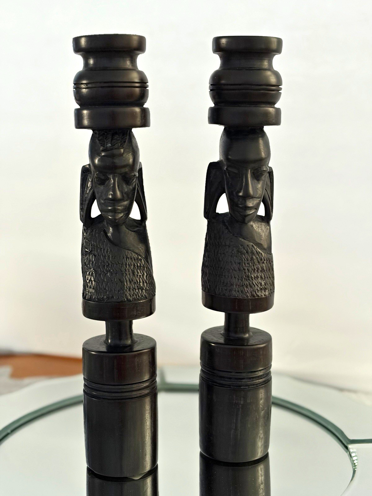 Vintage Hand Carved African Ebony Wood Candlesticks Pair Kenya Tribal Bust 10.5\