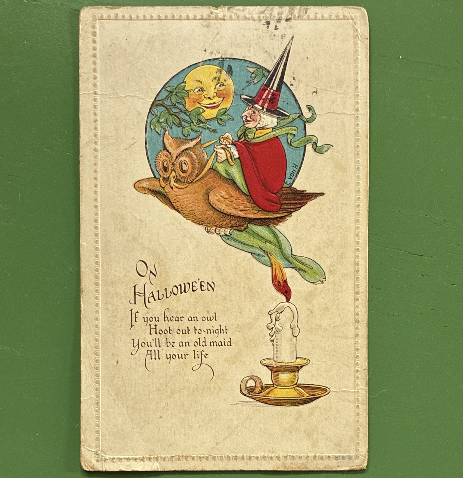Antique 1918 Embossed Halloween Witch Owl Moon Vintage Postcard Artist Signed