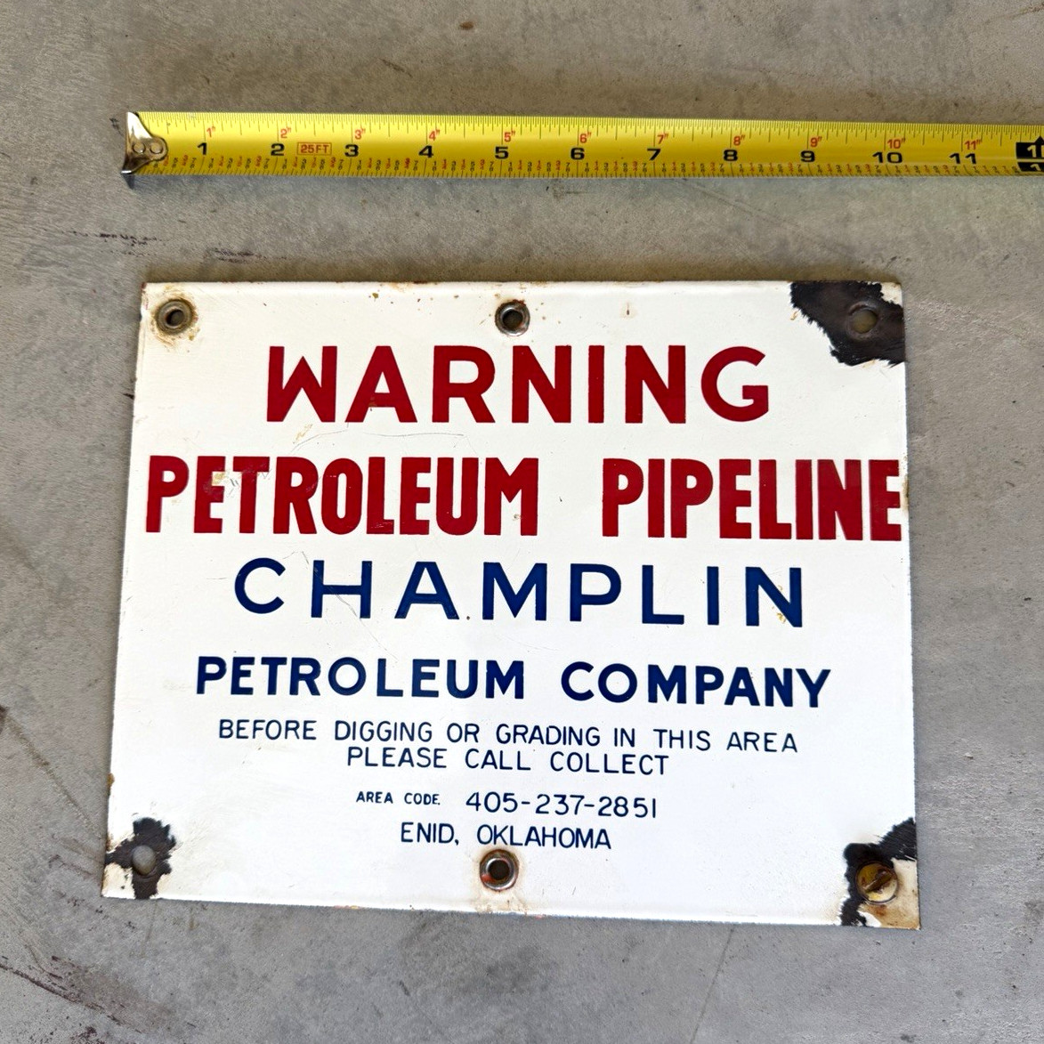 Champlin Petroleum Co. WARNING Petroleum Pipeline - PORCELAIN SIGN -