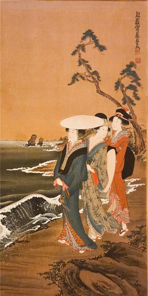 Antique Japanese Woodblock Print Beauties on Beach by Kitagawa Fujimaro c.1820s