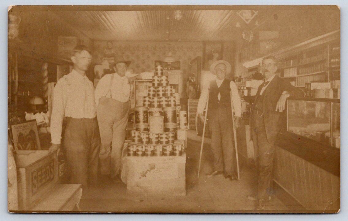 Interior General Store Grandpa Canned Goods Men Crutches RPPC