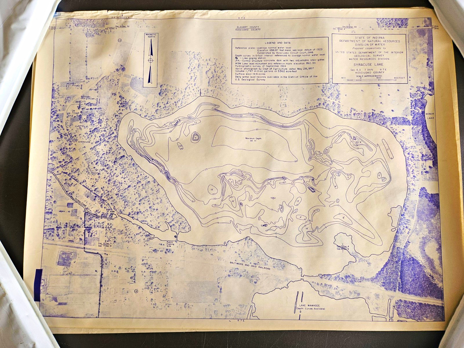 Vintage 1965 Lake Wawasee Indiana Depth Contour Map 18x24 Hydrographic Survey