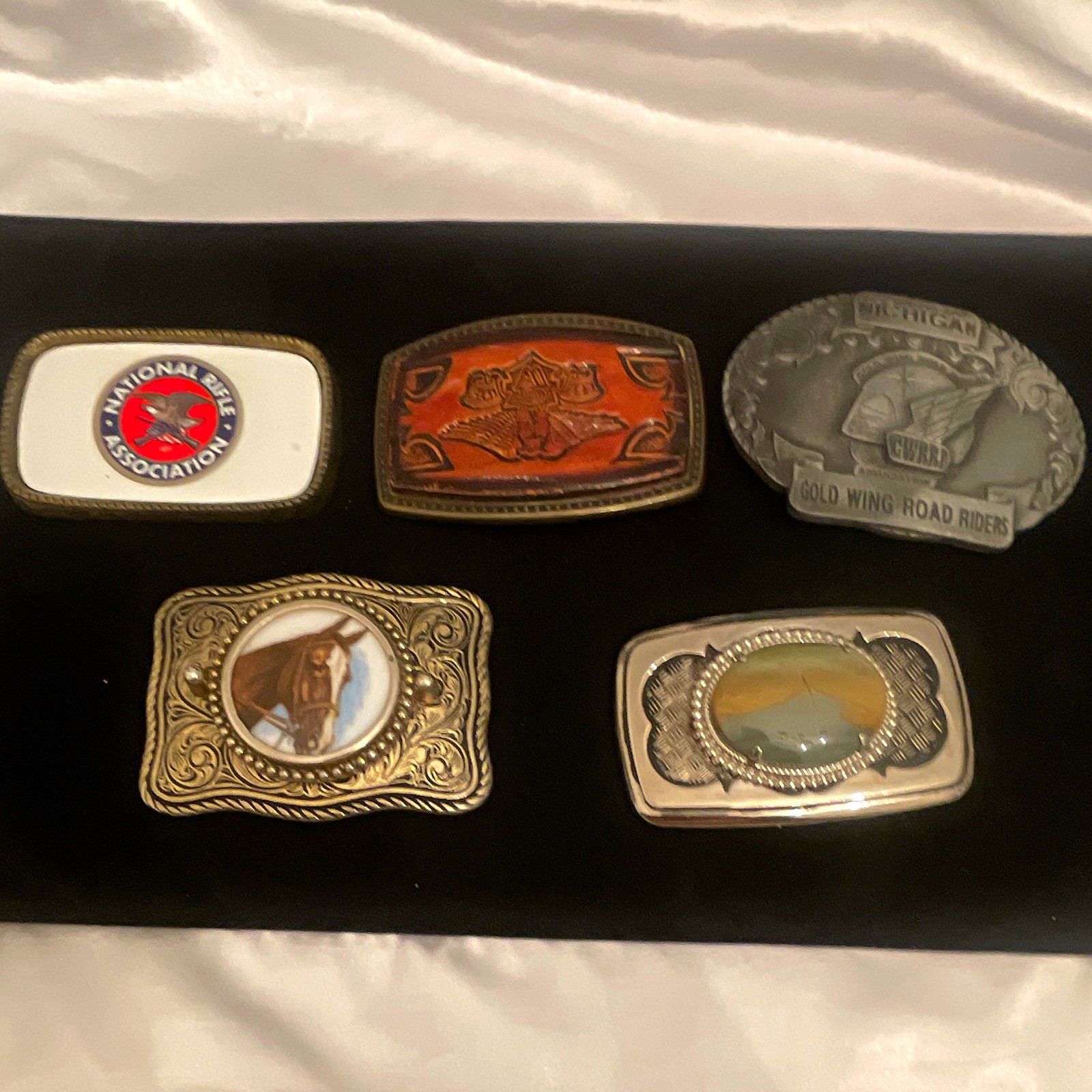 Lot of 5 Vintage Belt Buckles NRA Michigan GWRRA, Horse, Scenic, ALUMALINE 