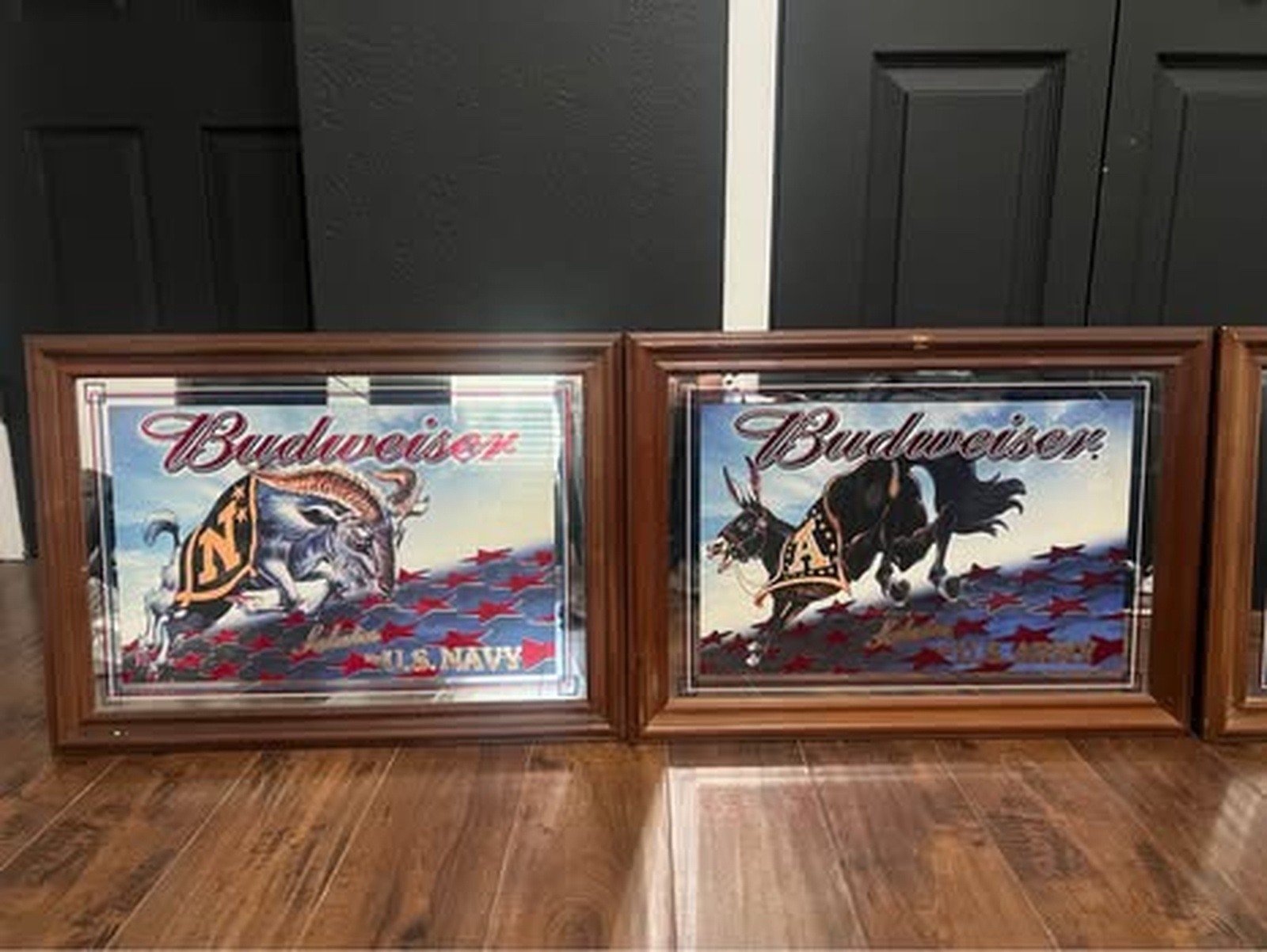 4 matching set of Budweiser “Salutes” military mirrors/signs, ea