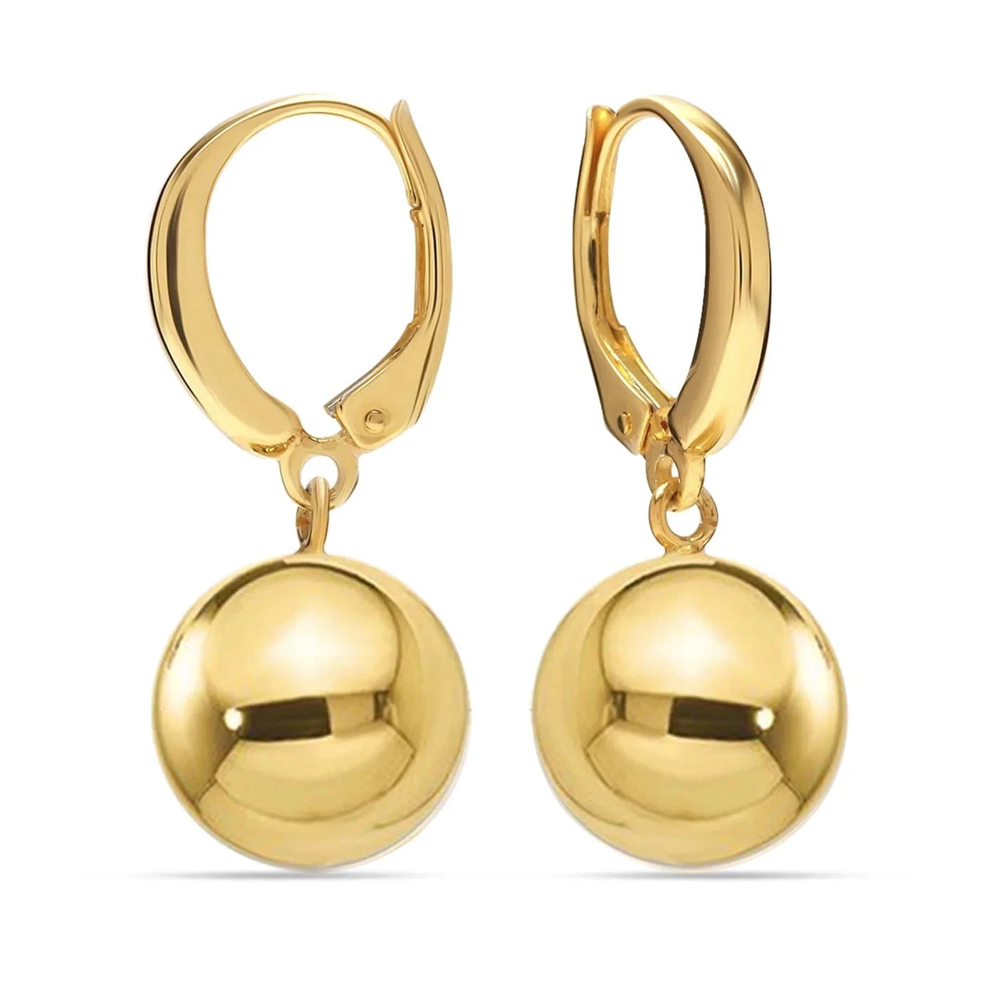Italian 18K Yellow Gold Over Leverback Round Bead Ball Drop Dangle Earrings 2PCS