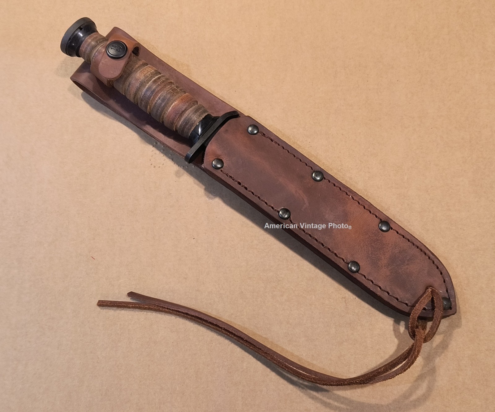 WWII M3 Reproduction Fighting Knife Trench Stacked Leather Handle + OKC Sheath