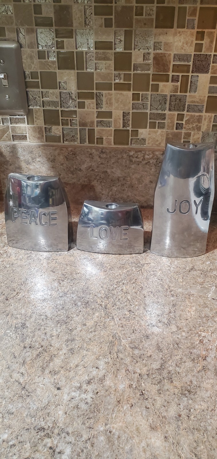 Vintage Polished Aluminim JOY,PEACE AND LOVE candle Holders Set Of 3