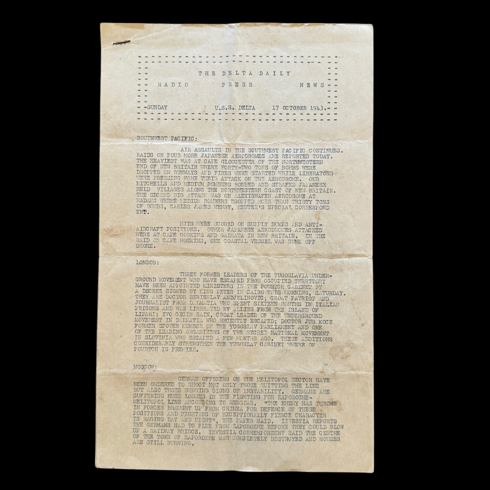 WWII October 1943 USS Delta U.S. Military Theater-Printed Press/Combat Report