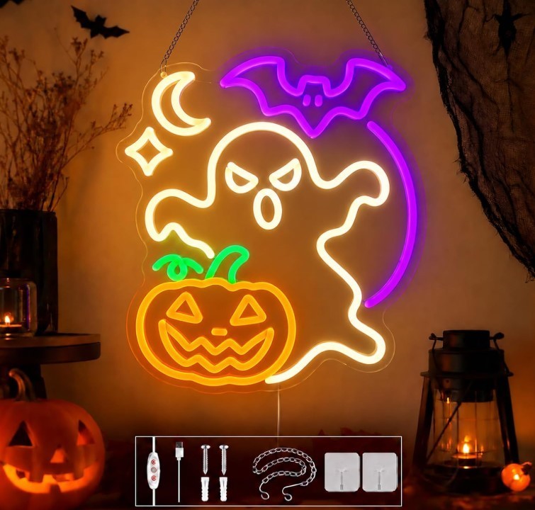 Ghost Halloween Neon Sign, Dimmable Pumpkin & Bat Neon Signs for Wall Decor