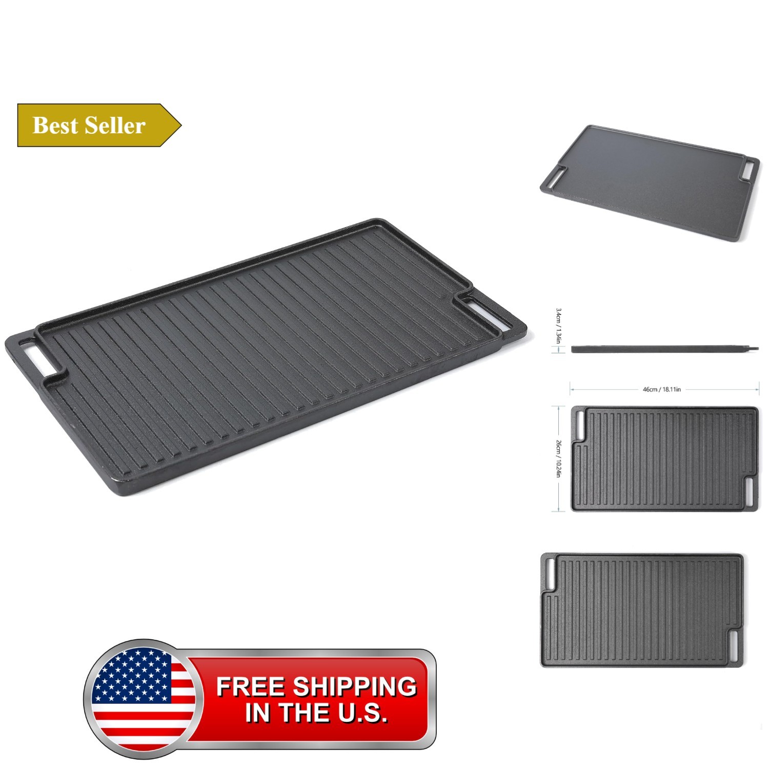 Cast Iron Griddle 2-in-1 Reversible 18inchx10inch