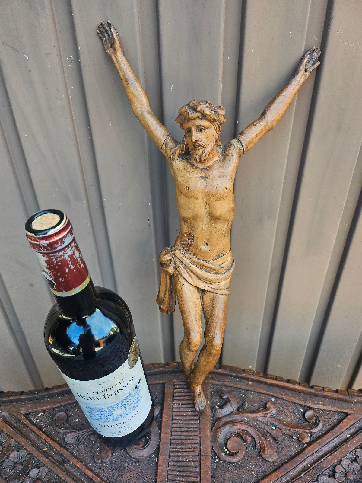 Antique 19thc wood carved corpus christ Statue religious art