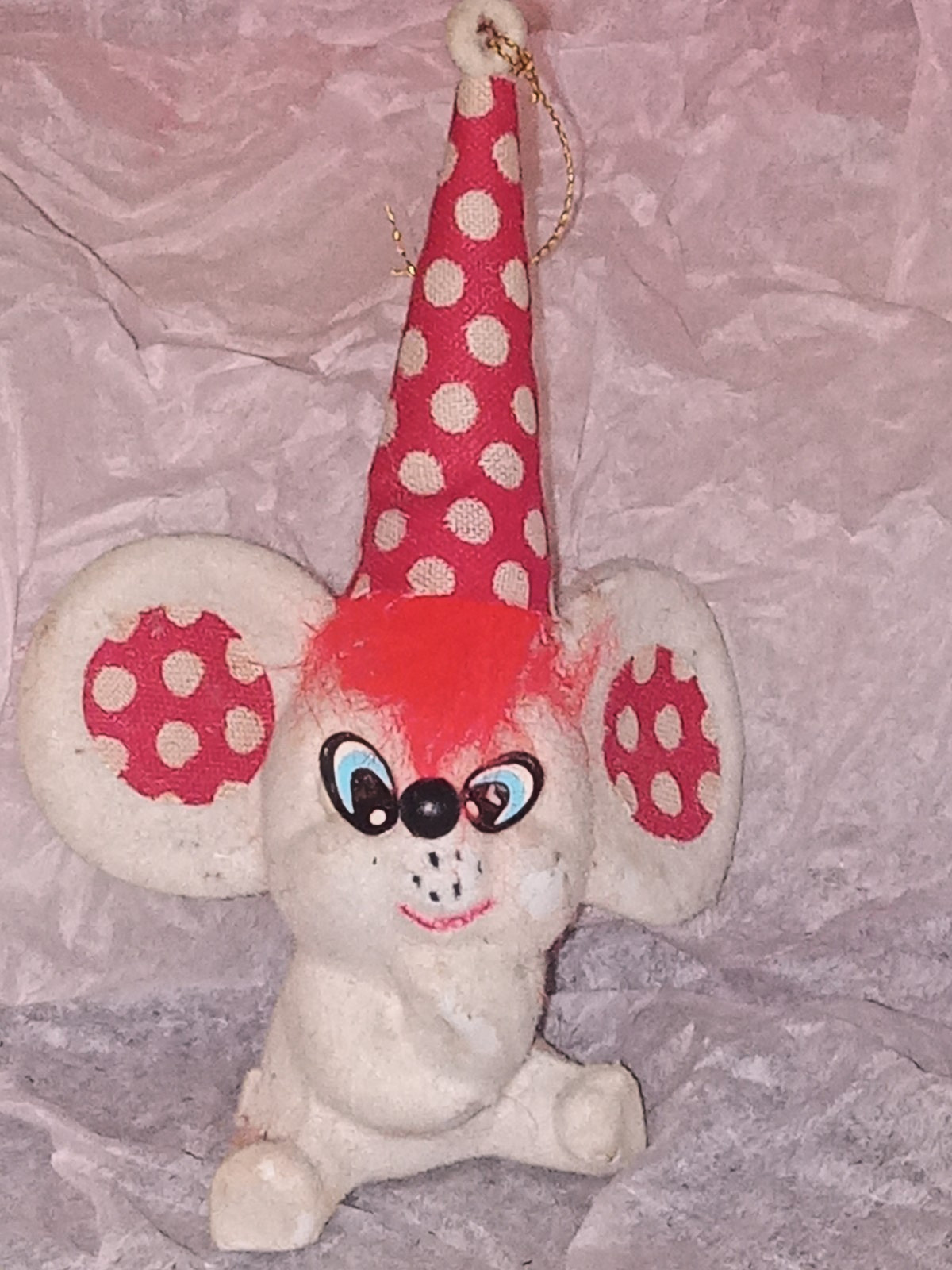 Vintage Flocked Mouse Country Christmas Ornament Kitsch grandmacore Polka Dots