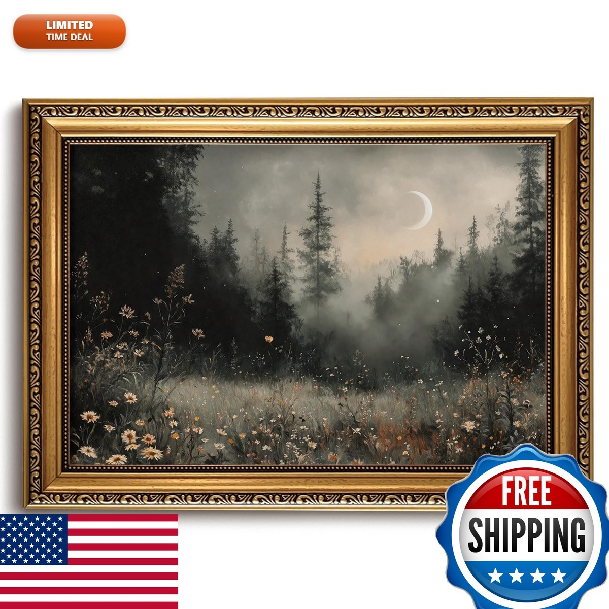 Sereneframo Art Gold Framed Vintage Landscape Wall Art Dark Forest Moon Canvas