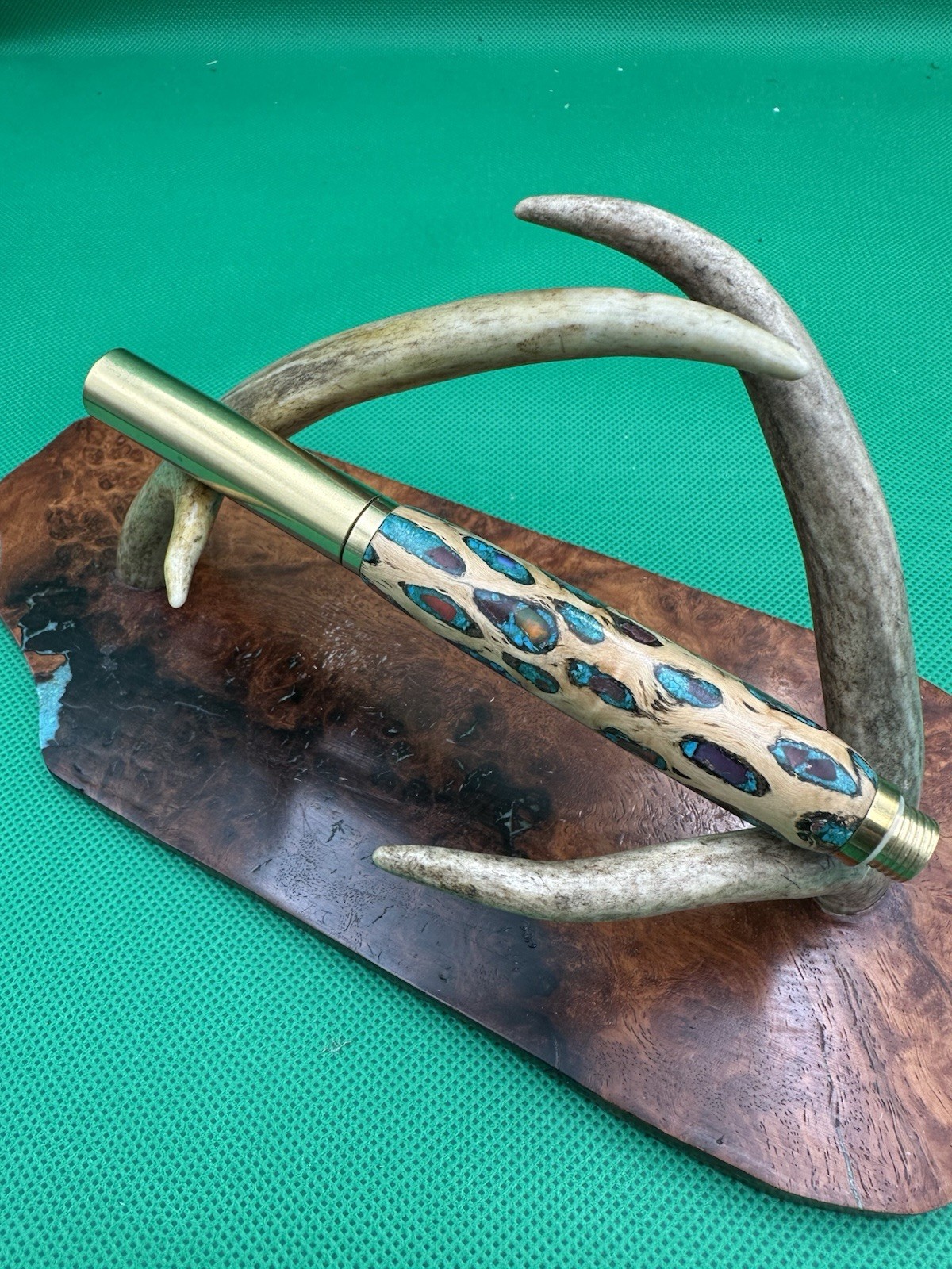 RAW Brass Rollerball Pen. With Cholla Cactus Hand Inlaid Opals And Turquoise