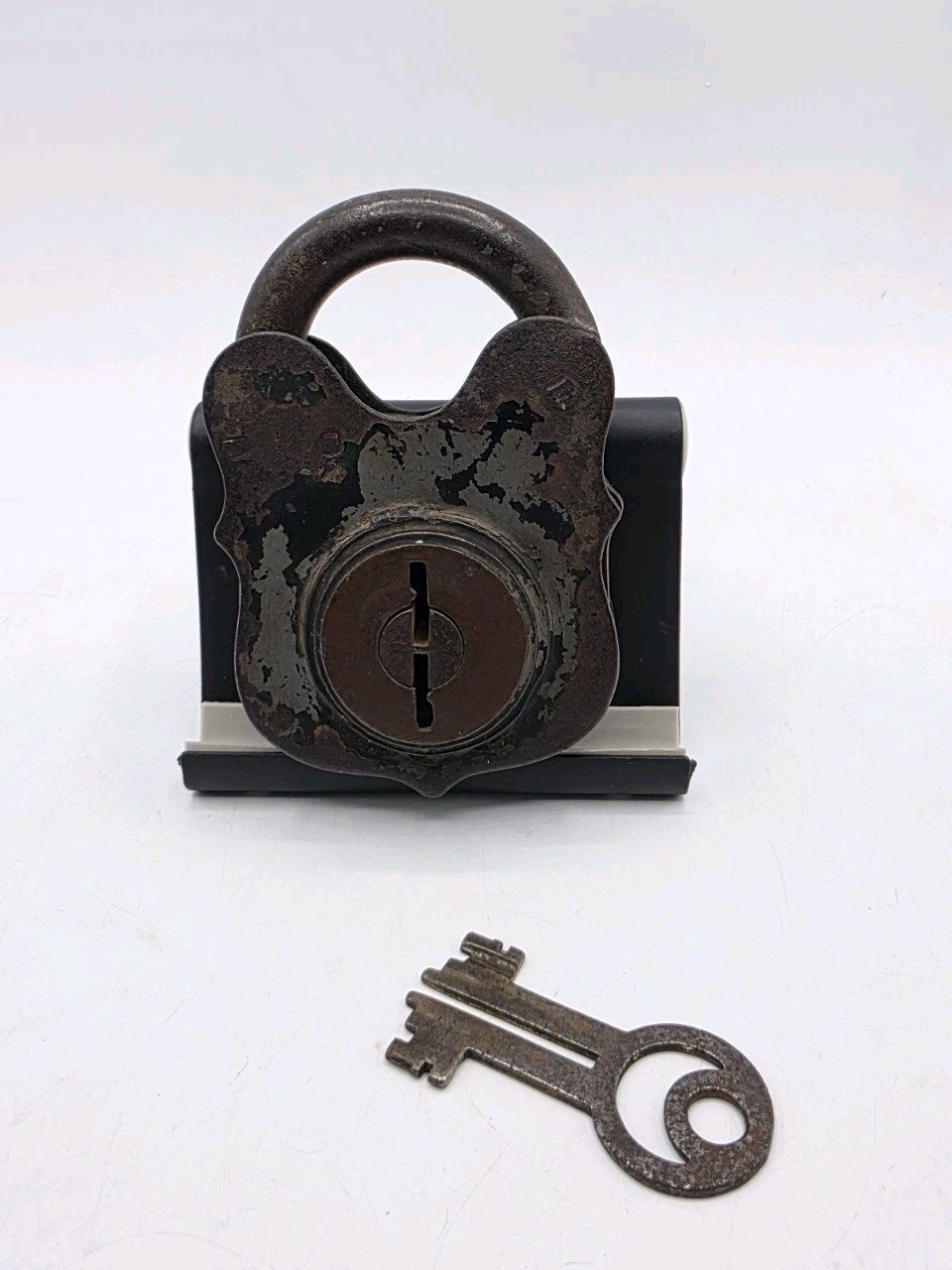 Old Heavy Iron Padlock With Key Works Rustic Weathered Patina