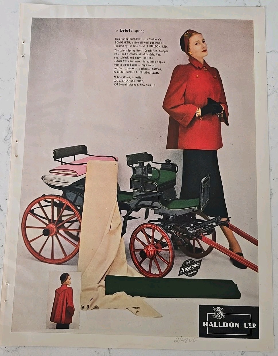 1948 Women's Red Suskana Spring Brief Coat Halldon LTD Vintage Fashion Ad 