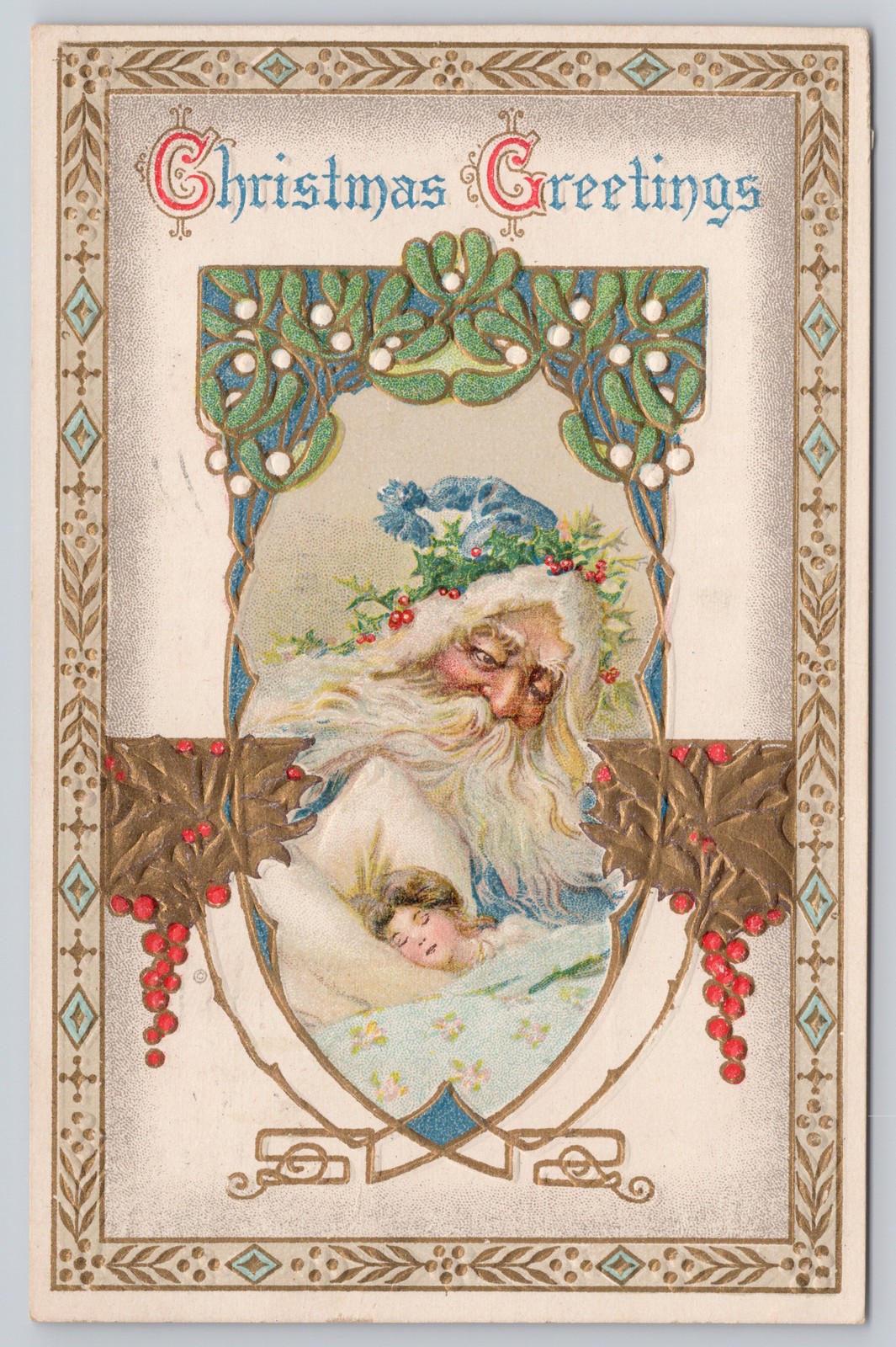 1912 Christmas Greetings Blue Santa Sleeping Child Embossed Antique Postcard