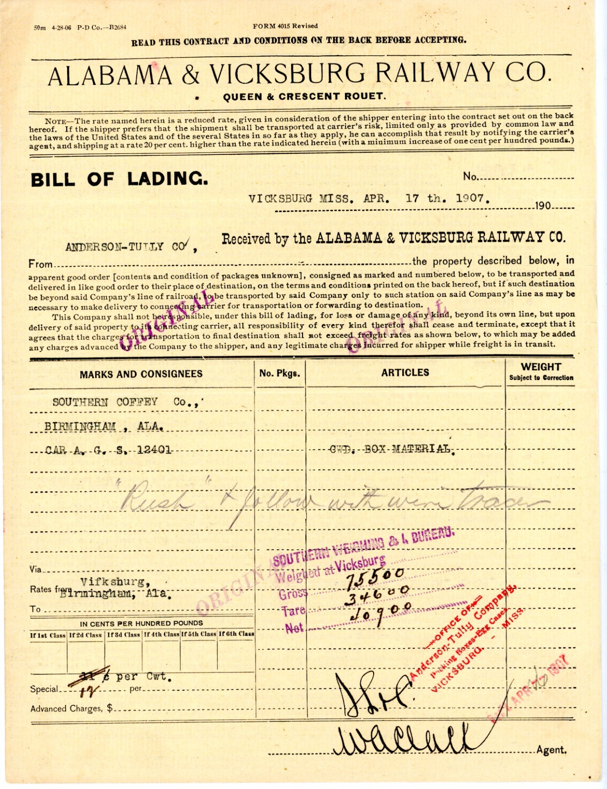1907 Alabama & Vicksburg Railway Southern Coffey Co Birmingham Mississippi