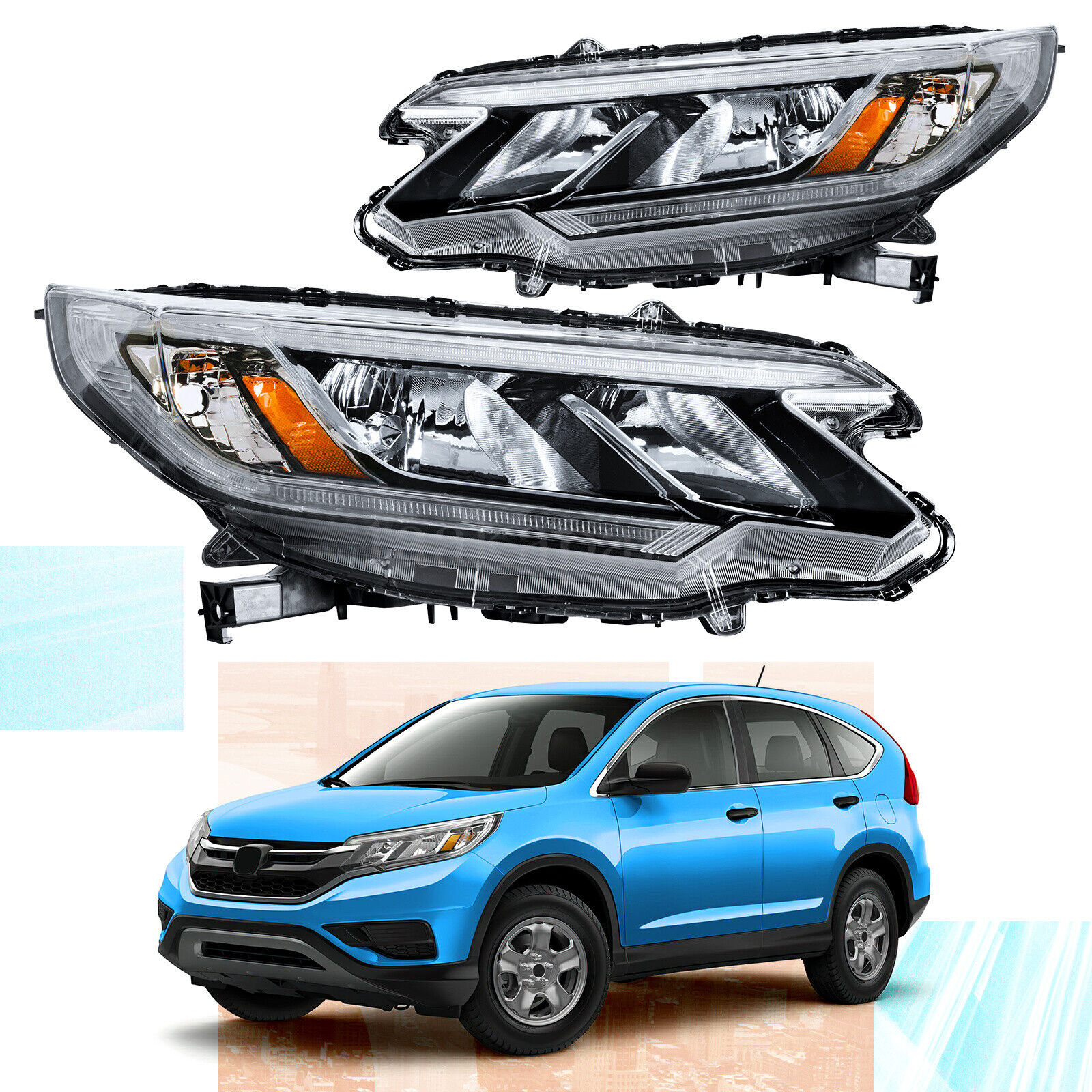 For 2015 2016 Honda CRV CR-V Black Headlights Headlamps Assembly W/ LED DRL