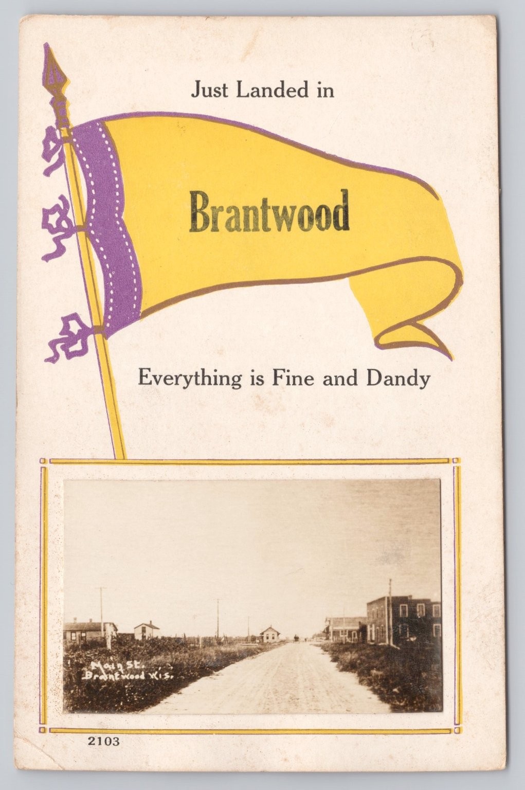 1916 Brantwood Wisconsin Main Street RPPC Postcard Pennant Flag