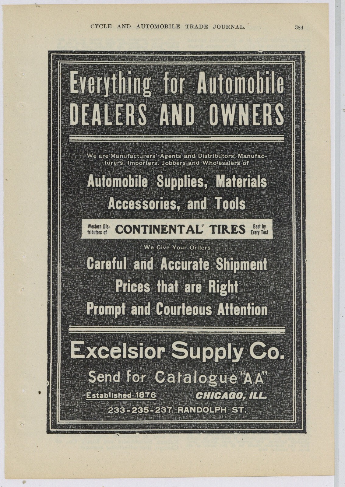 1907 Excelsior Supply Co. Ad: Auto Supply for Dealers & Owners - Chicago