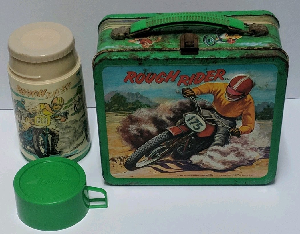 Vintage 1973 Rough Rider Metal Lunch Box w/Thermos Complete Motorcycle Dirt Bike