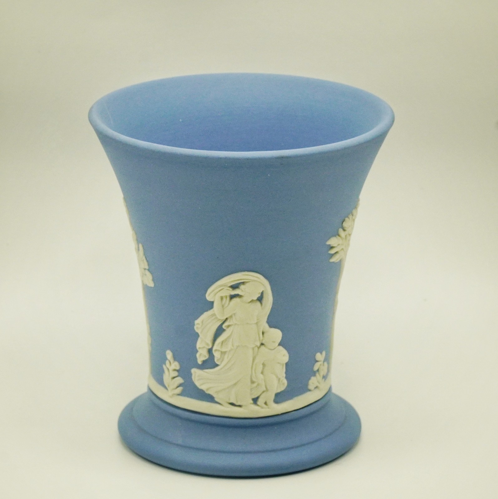 Vintage Wedgwood Pale Blue Jasperware Flared Trumpet Vase 1974 Classical Scenes