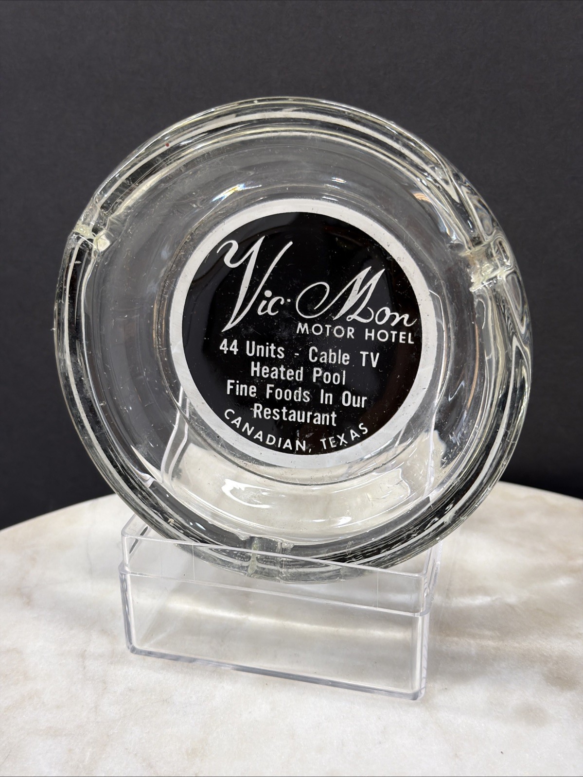 Vintage Vic Mon Motor Hotel Canadian, Texas Ashtray Clear 1960’s