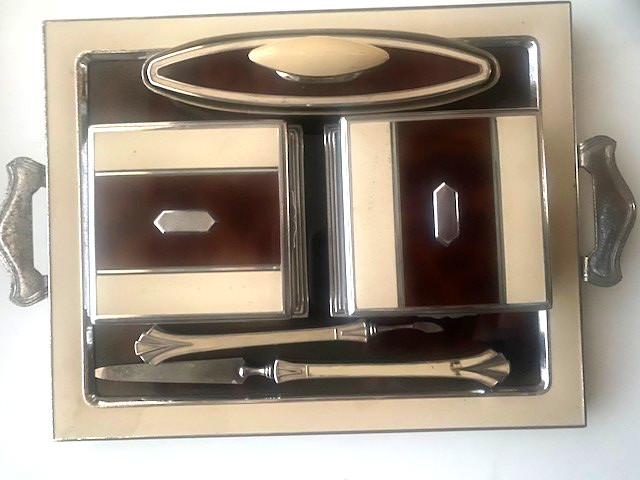 Antique 1920's-30's Faux Tortoise & Faux Ivory Art Deco Vanity Set - 6 pieces