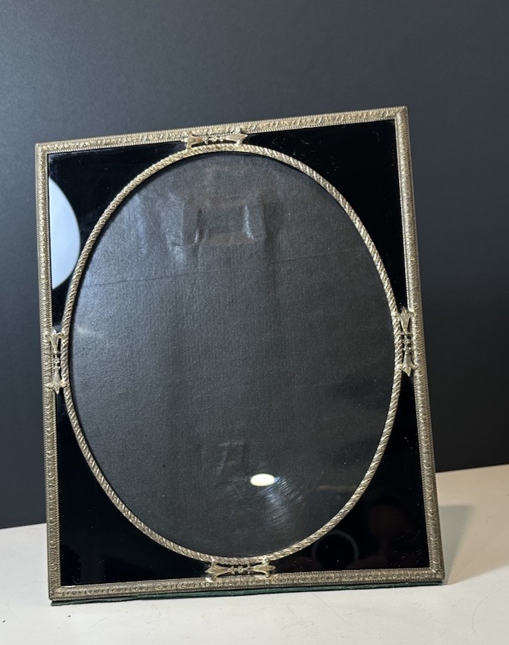 VTG Art Deco Brass Filigree Pic Frame Reverse Painted Black Glass Mat Fits 8x10