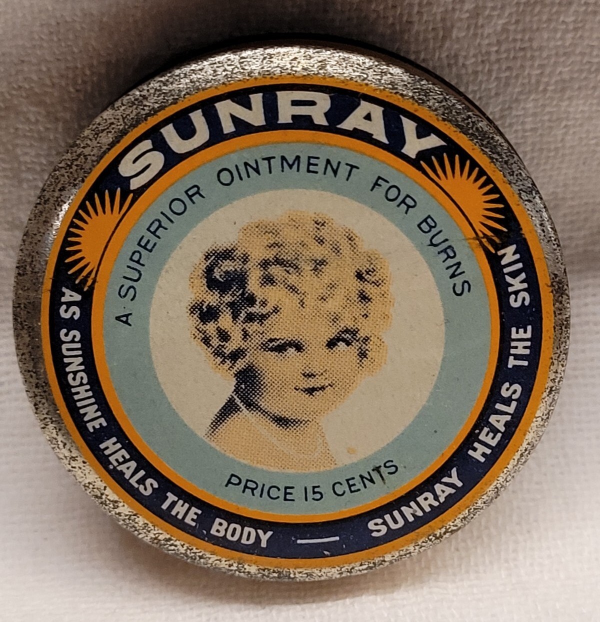 ANTIQUE SUNRAY FULL OINTMENT TIN w AWESOME GRAPHICS DAVENPORT IOWA DRUG STORE 
