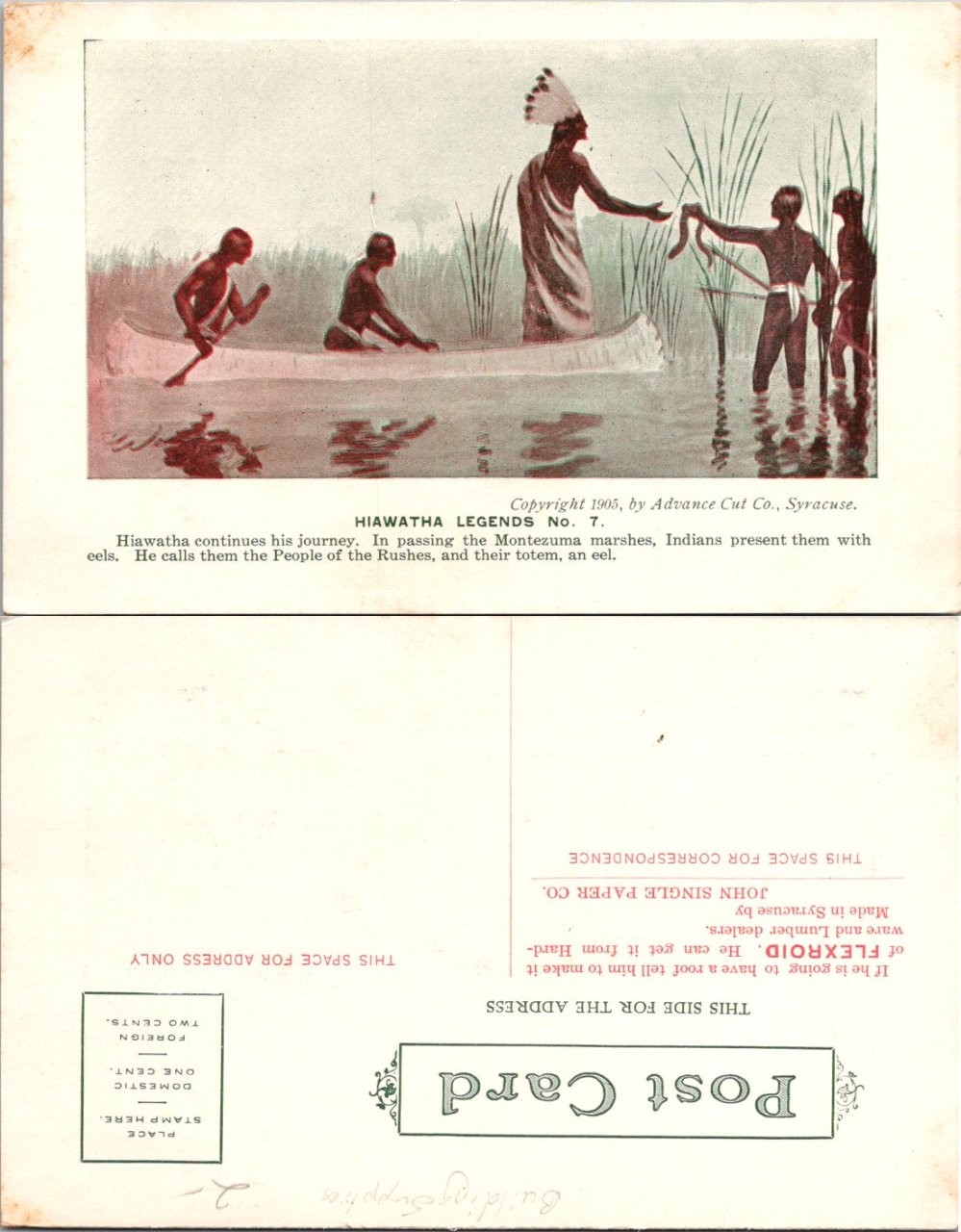 Vintage 1905 Native Americans in Canoe with Attire Series: Hiawatha Legends No 7