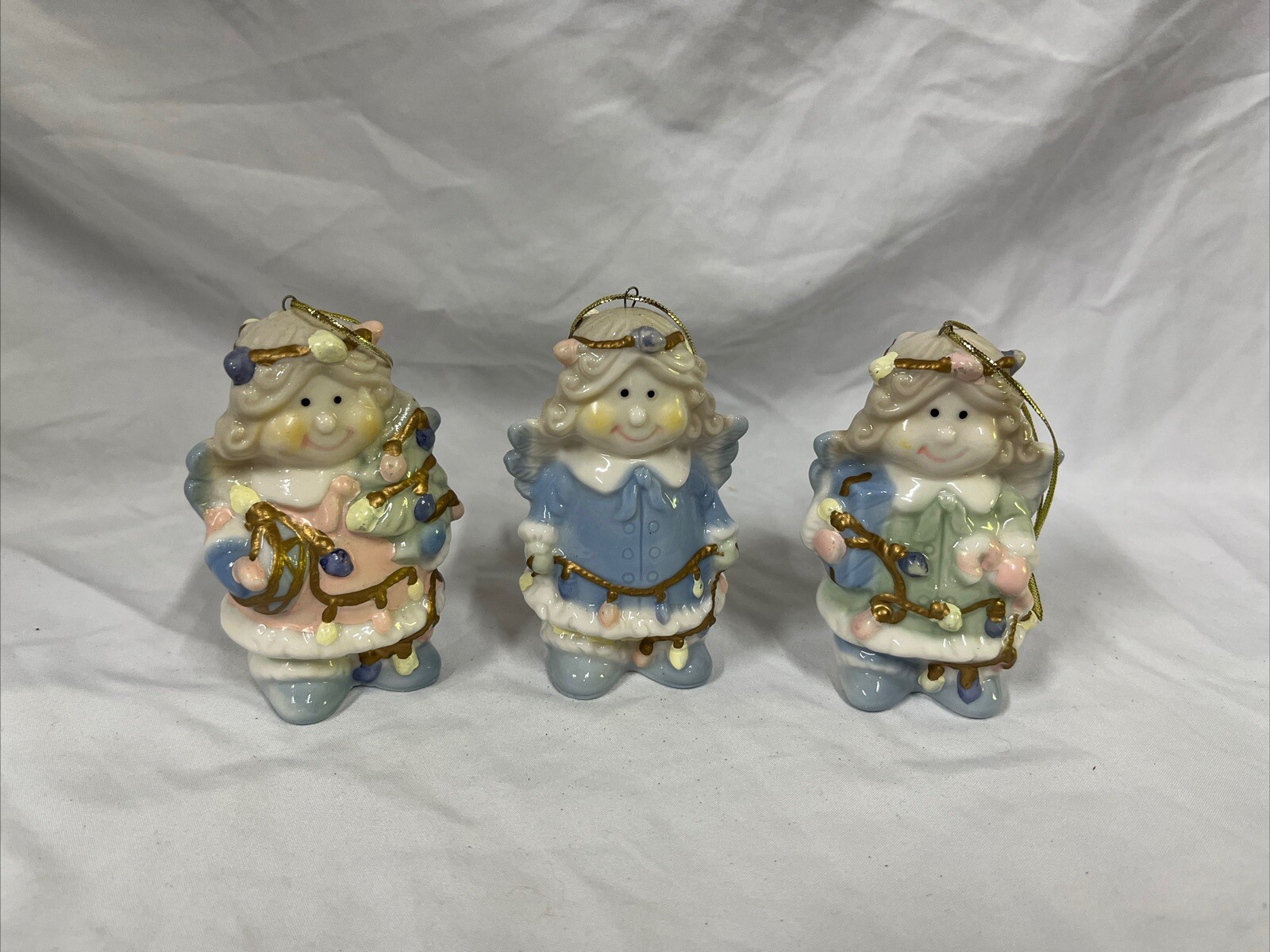 VTG Ceramic Baby Face Angel Christmas Ornament 3.5” Set Of 3 Hard To Find - D10